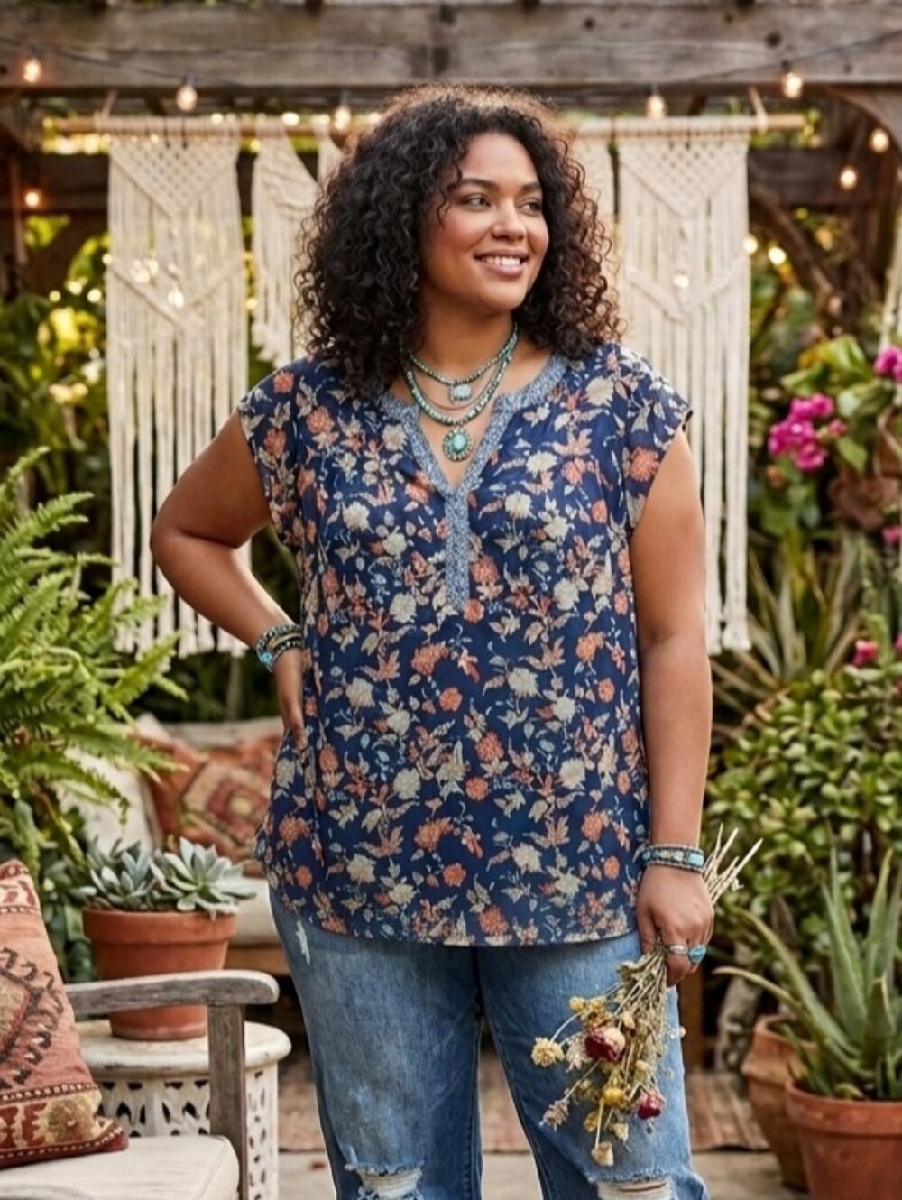 Floral Navy Cap-Sleeve Blouse
